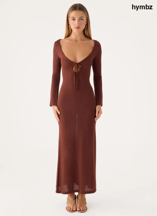 Amarise Knit Tie Front Maxi Dress - Chocolate - Maxi Dresses